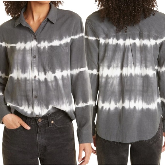 Rails Ingrid Raw Hem Casual Button Down Shirt XS Coal White Waves Grey White - Picture 15 of 15